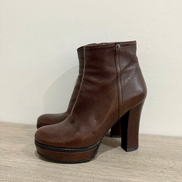 Prada Leather Block Heel Pull On Platform Ankle Booties Brown Women Size EU 38.5 - Picture 2 of 7